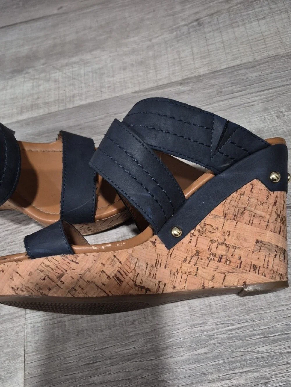 Tommy Hilfiger Navy and Tan Cork-Look Wedge Sandals